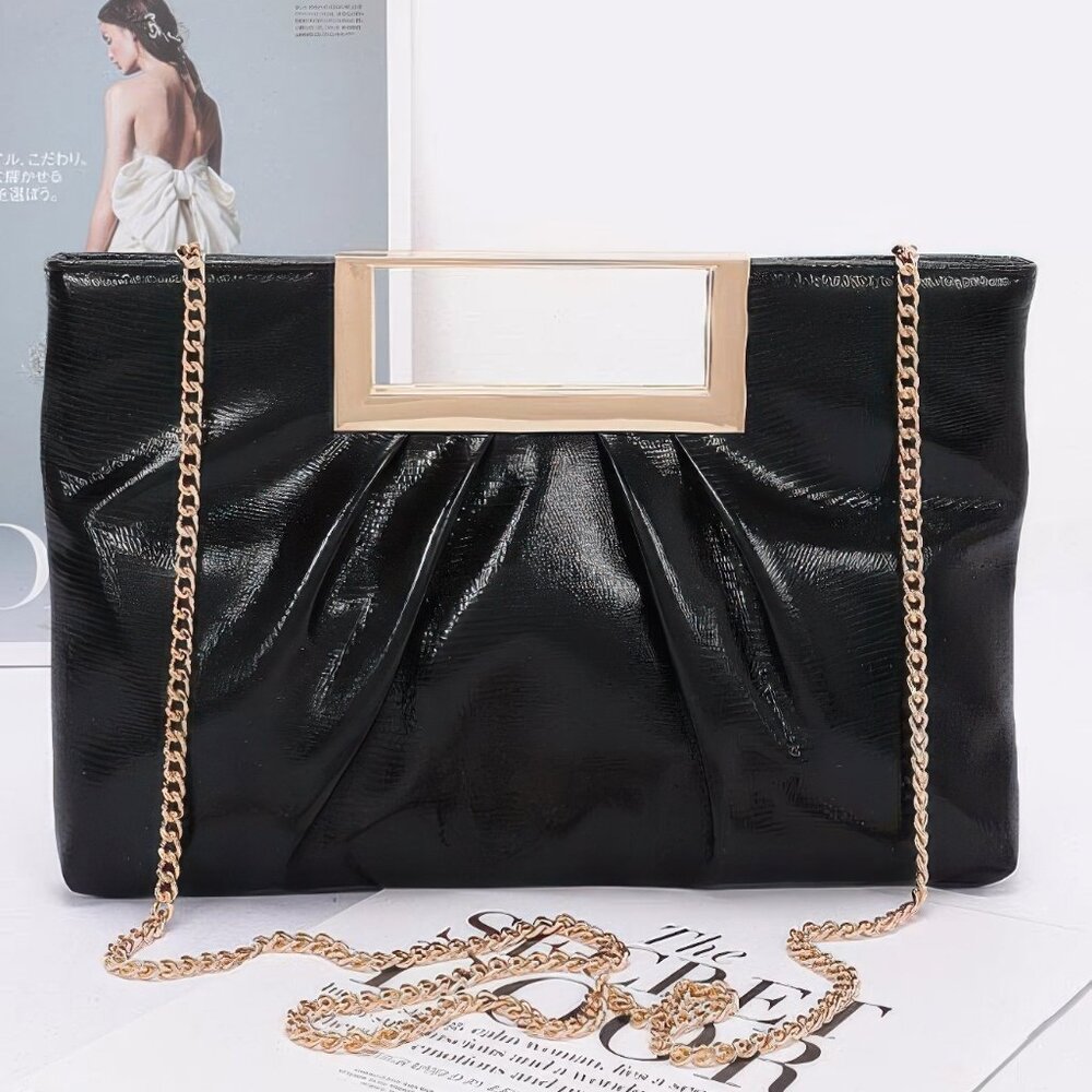 Faux Leather Metal Handle Clutch